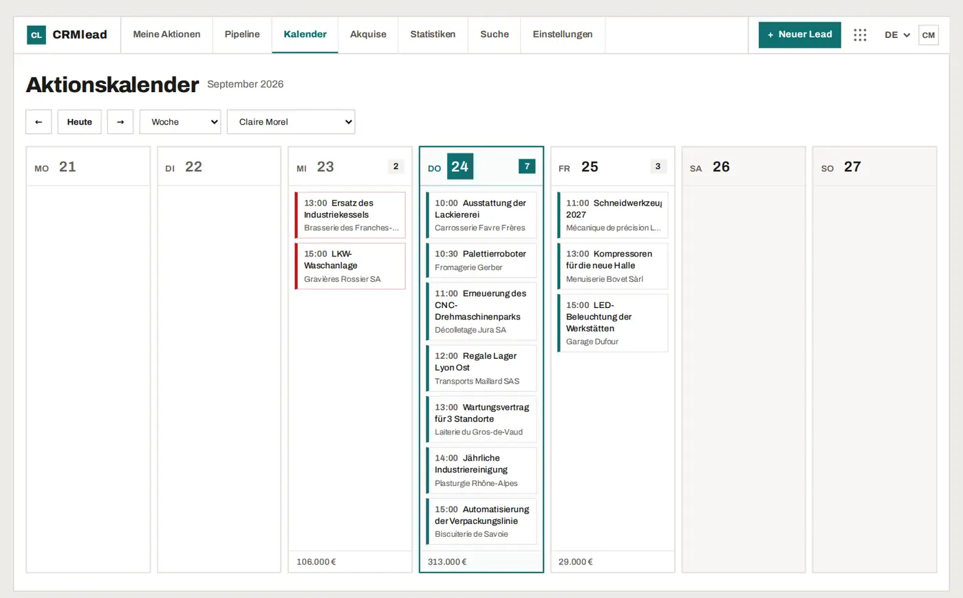 Der Aktionskalender von CRMlead: eine Woche, Aktion für Aktion, mit dem Betrag jedes Tages