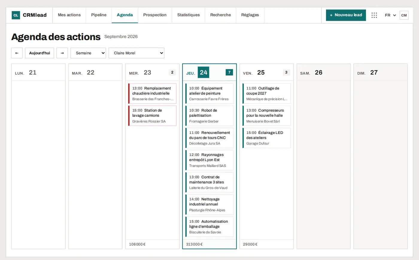 L'agenda de CRMlead : une semaine de visites et de relances, jour par jour