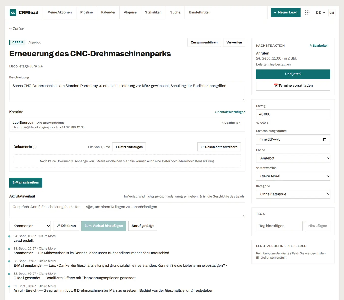 Ein Lead im Detail: Beschreibung, Kontakt, Verlauf mit E-Mails und Anrufen