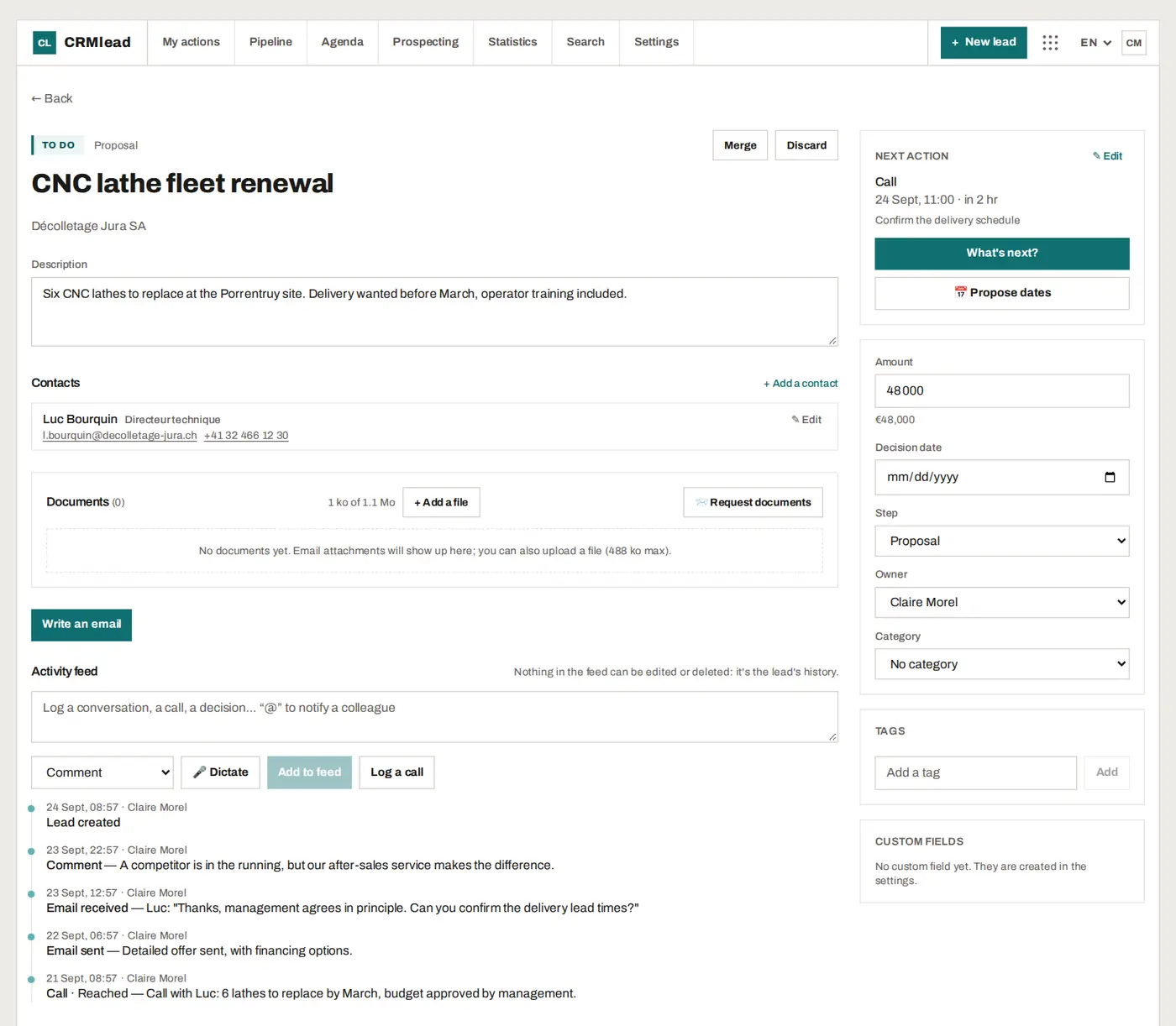 A lead record in CRMlead: contact, activity feed, emails and next action