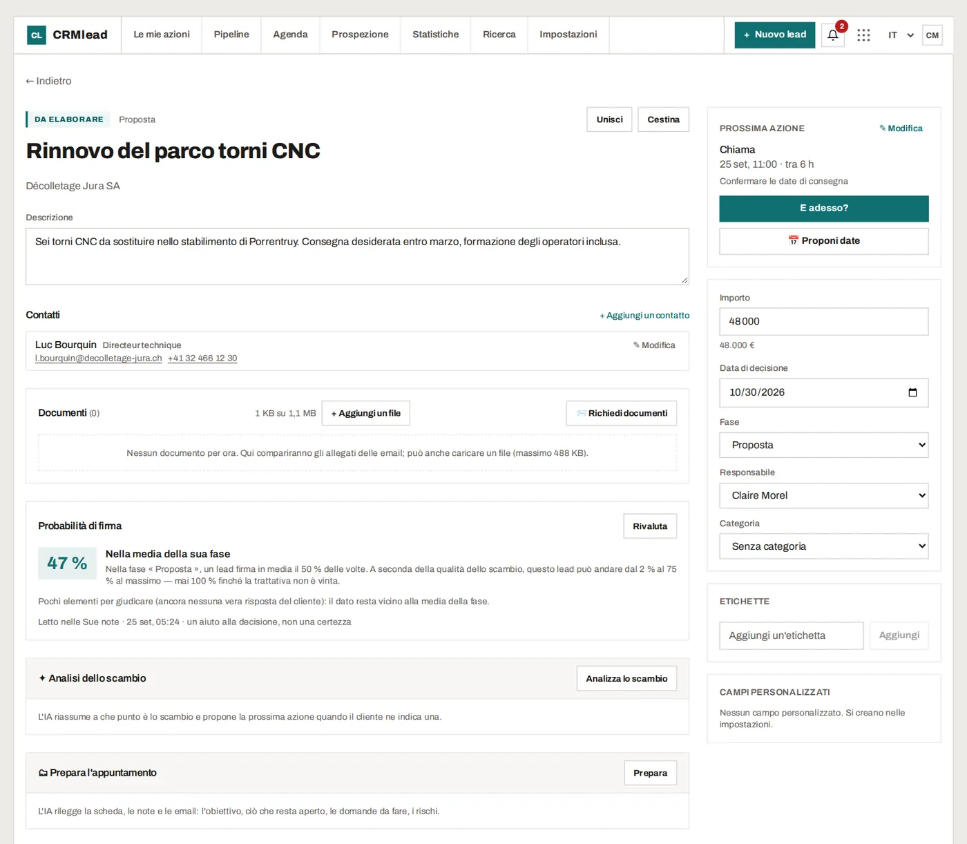 La scheda di un lead: descrizione, contatto, cronologia con e-mail e chiamate