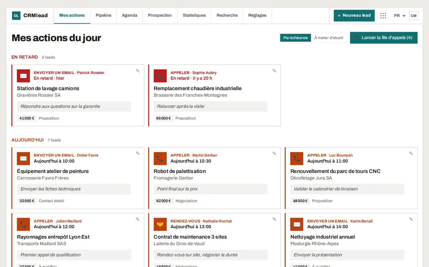 Mes actions du jour dans CRMlead : les leads en retard et ceux du jour