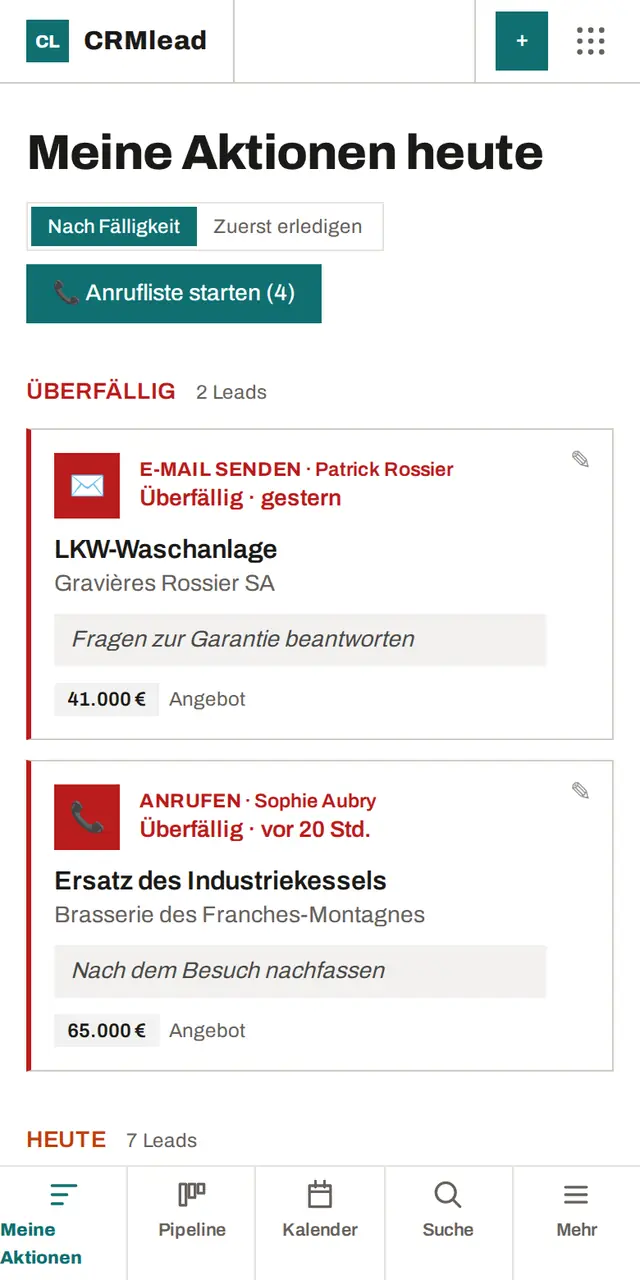 CRMlead auf dem Telefon: Meine Aktionen heute und die Tab-Leiste
