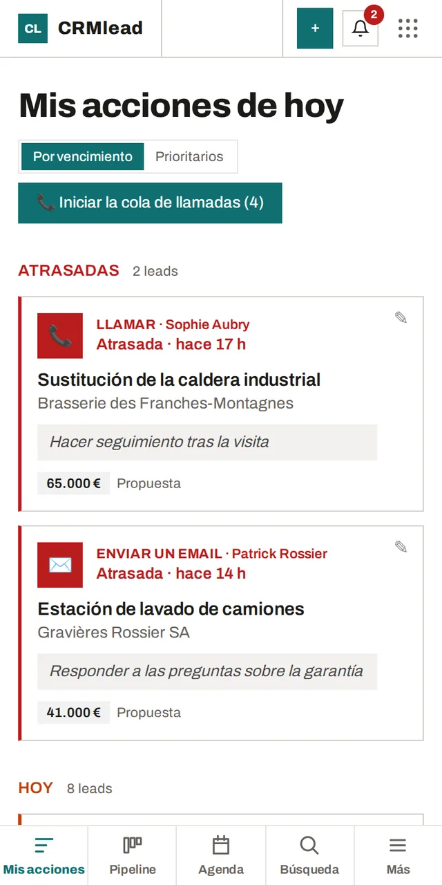 CRMlead en el teléfono: Mis acciones de hoy y la barra de pestañas
