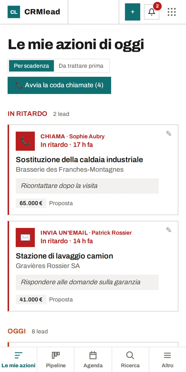 CRMlead sul telefono: Le mie azioni di oggi e la barra delle schede